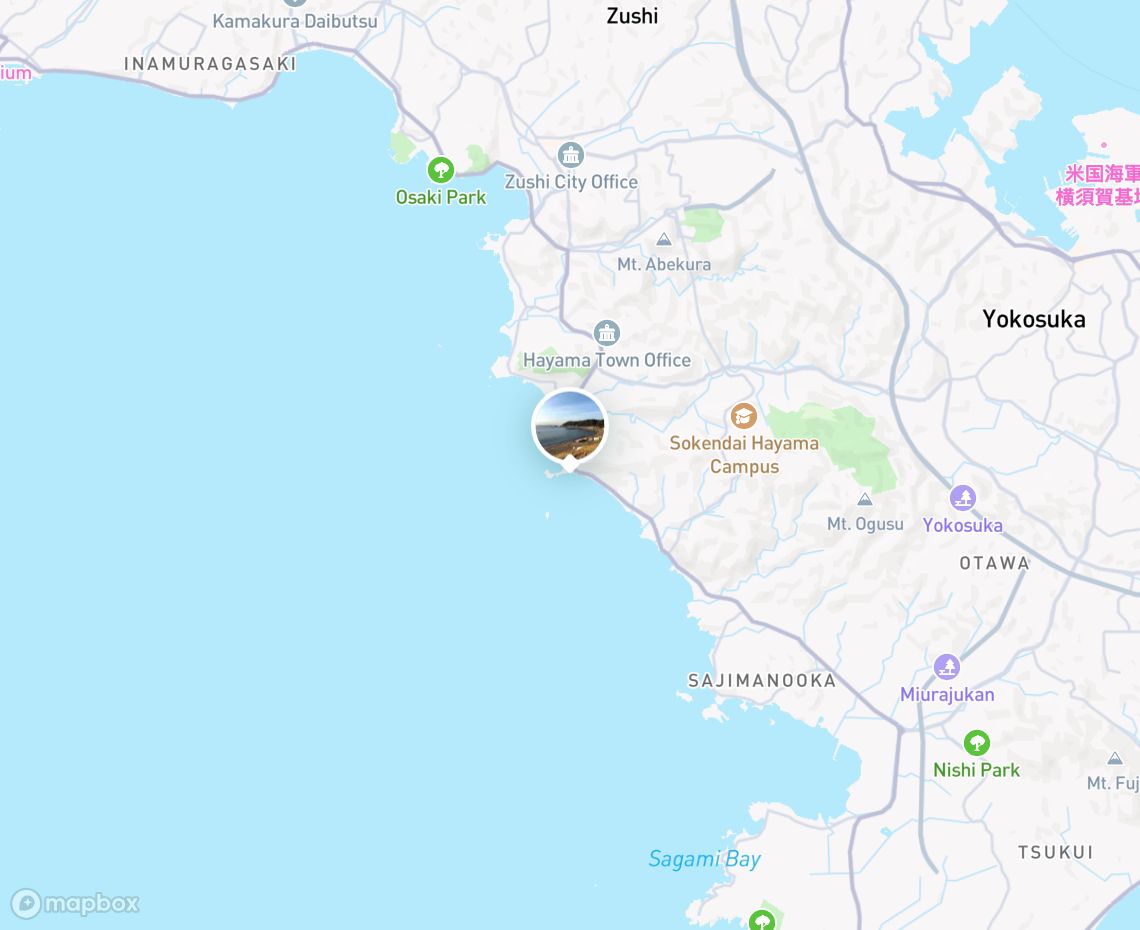 Map showing where Chōjagasaki Beach, Hayama is, in Japan