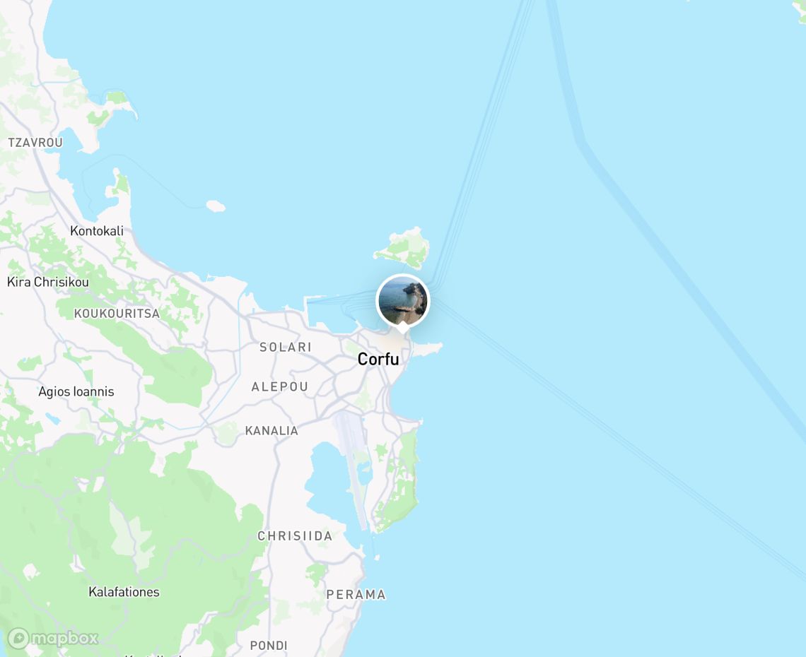 Map showing where Corfu to the left of the church ⛪️ is, in Greece