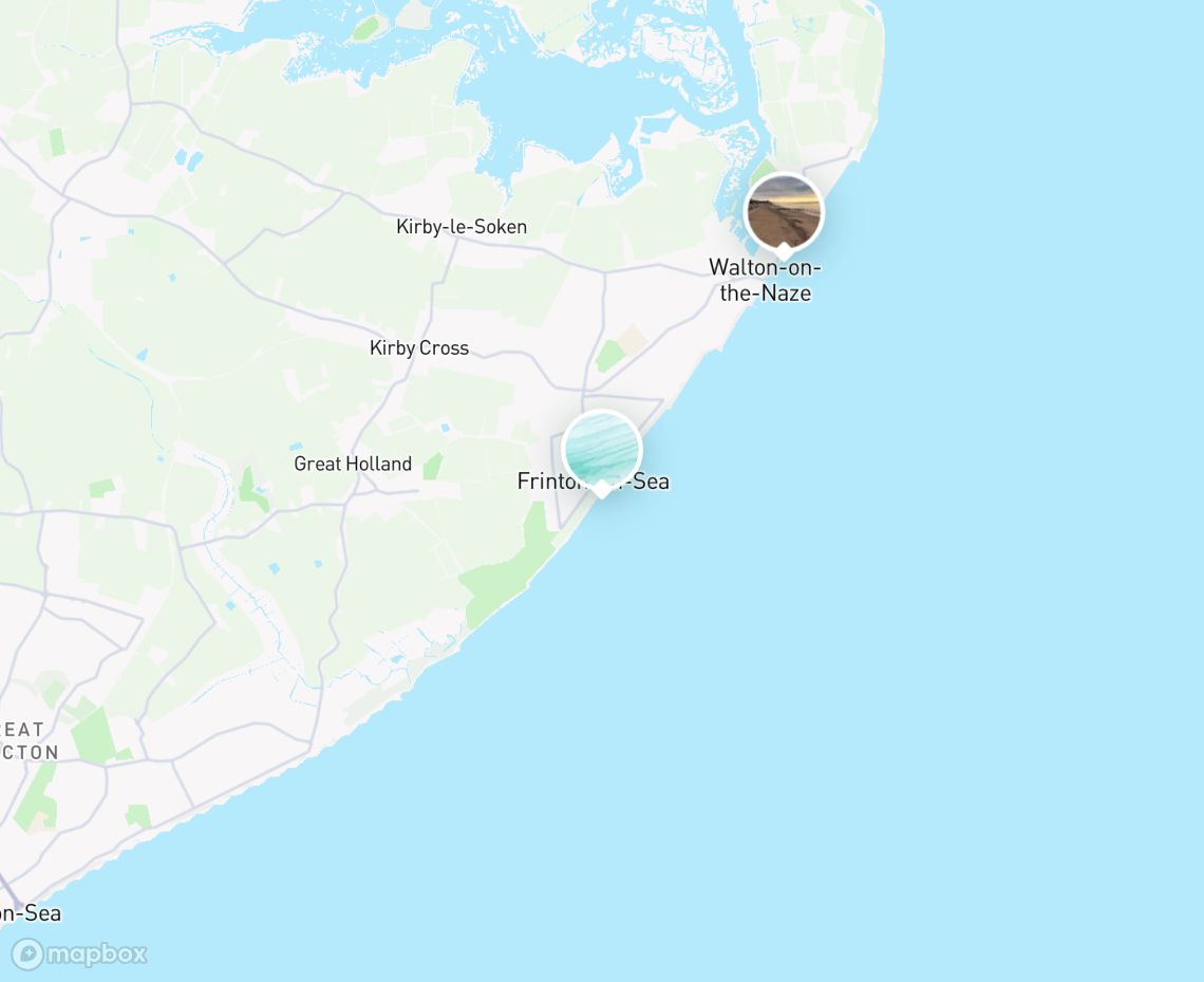 Map showing where Frinton On Sea Beach is, in United Kingdom