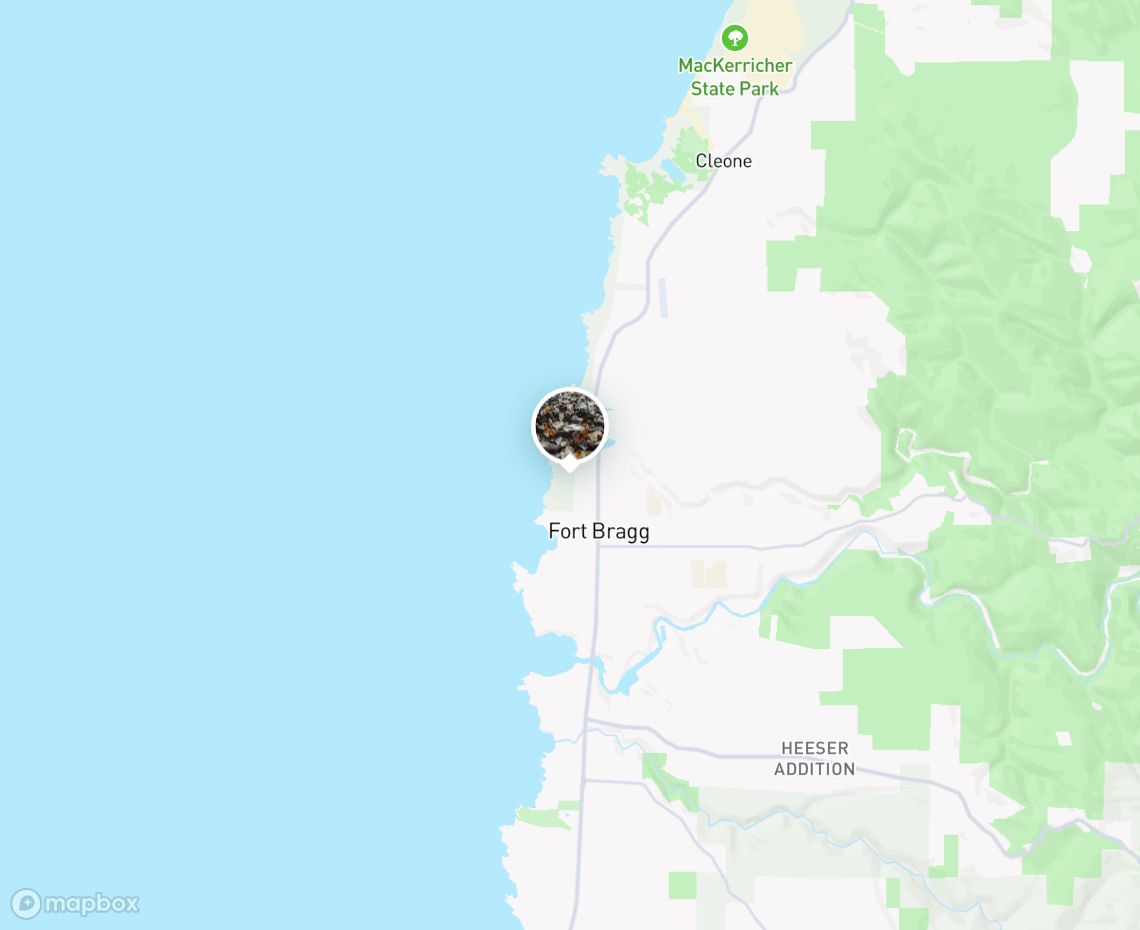 Map showing where Glass Beach, Fort Bragg is, in United States