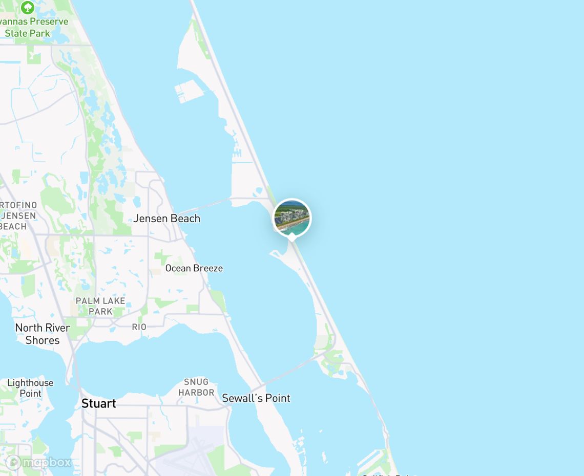 Map showing where Jensen Beach, Hutchinson Island is, in United States