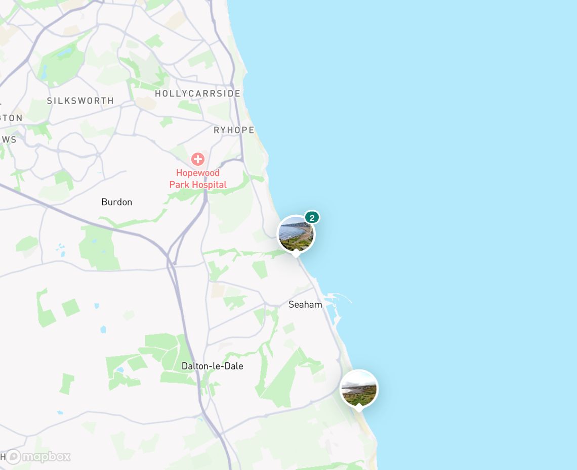 Map showing where Seaham Hall Beach is, in United Kingdom