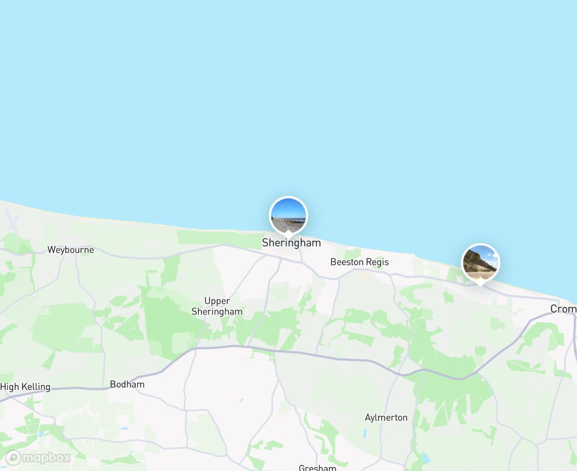 Map showing where Sheringham Beach is, in United Kingdom