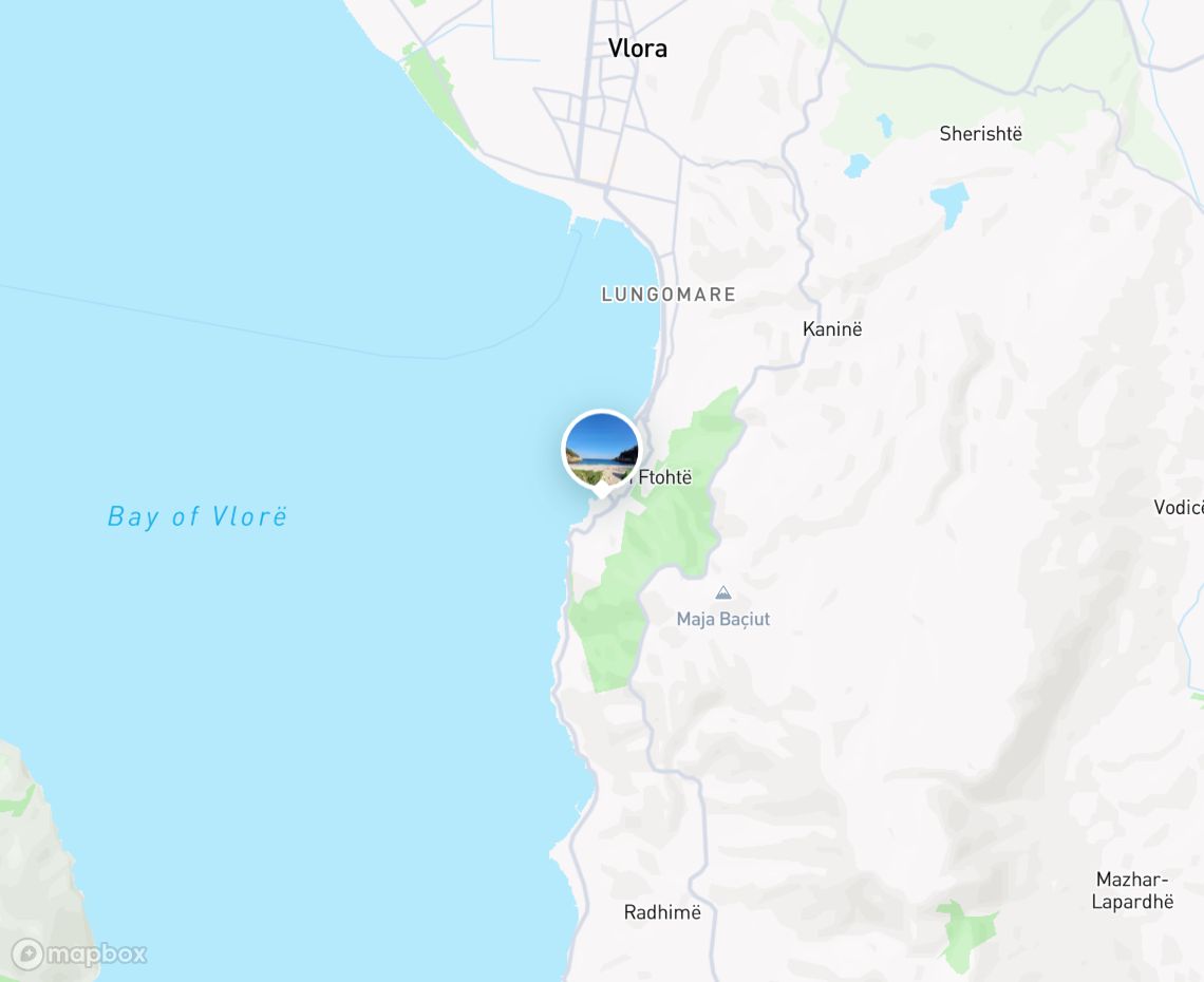 Map showing where Uji i Ftohte Beach is, in Albania