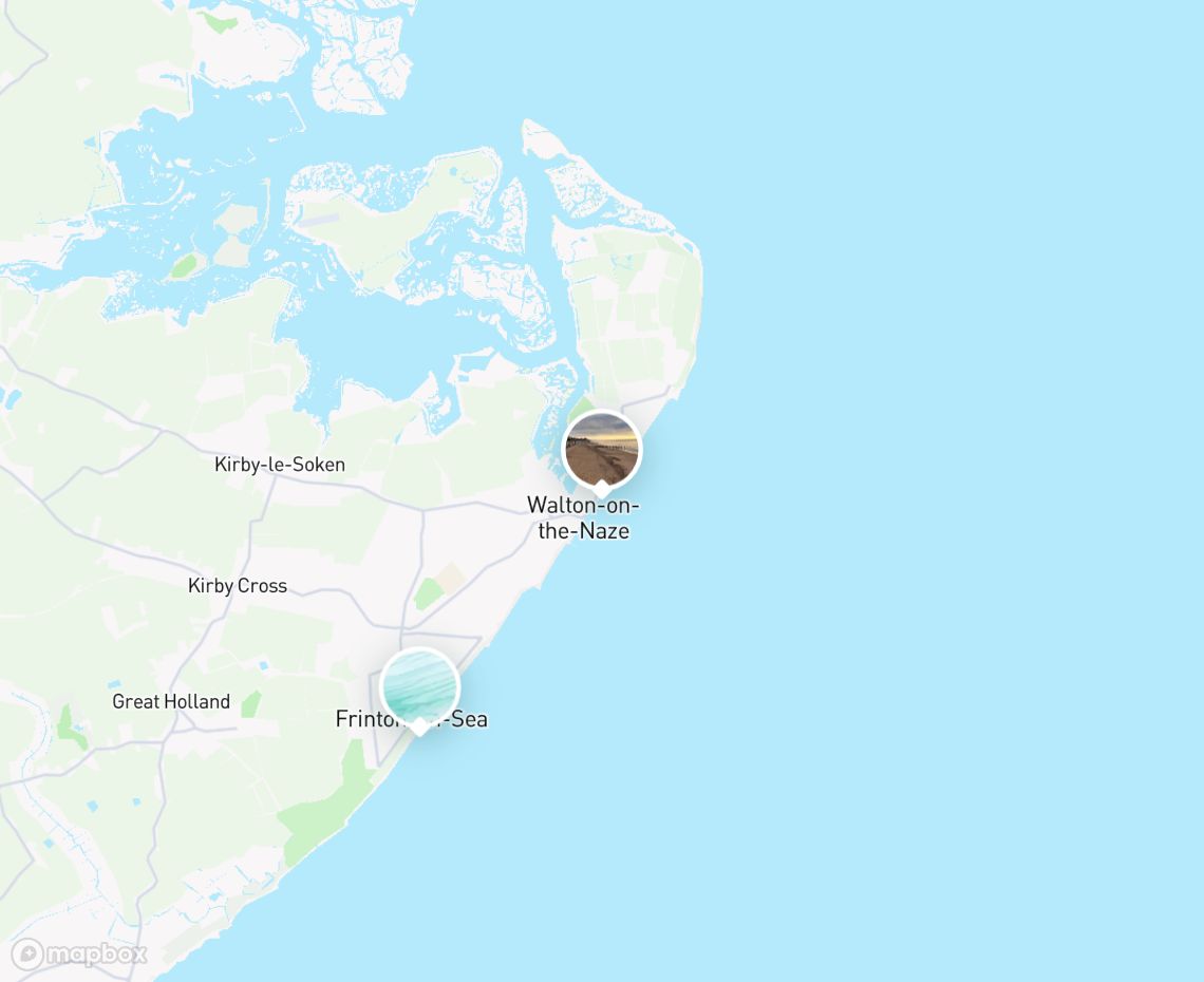 Map showing where Walton on The Naze Beach is, in United Kingdom