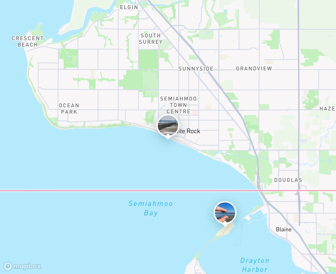 Map showing where White rock pier is, in Canada